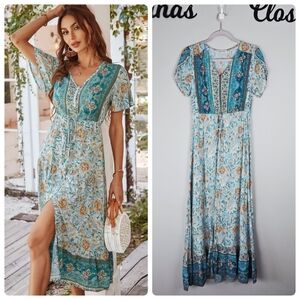 Anna Kaci Boho Blue Floral Print Lightweight V-neck Maxi Dress Size Large